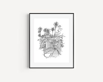 Santa Monica Bluffs, Santa Monica Gifts, California Palm Trees, Pacific Coast Highway, Palisades Park, Pen and Ink Drawing