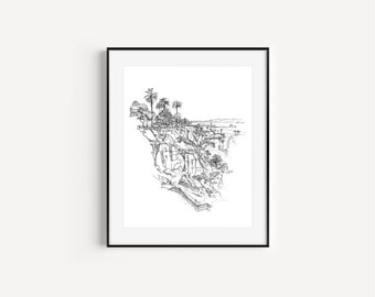 Santa Monica Gift Ideas, Bluffs in Palisades Park, Los Angeles Drawings, California Travel, Pen and Ink Prints