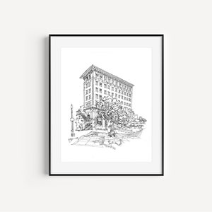 カルバーホテルのアートプリント、ペンとインクの絵、カリフォルニア州カルバーシティの壁画