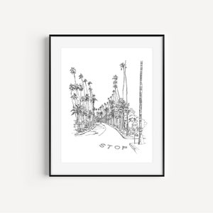 Palm Tree Lined Street, Beverly Hills Art, California Plein Air, Pen and Ink Los Angeles Sketches, LA Travel Gifts