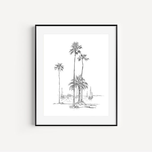 Two Harbors, Catalina Island, Iconic California, Plein Air Pen and Ink Drawing, Los Angeles Landmarks, Palm Trees, Sailboats