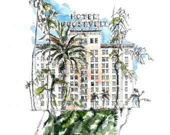 The Hollywood Roosevelt, Original Watercolor, Hollywood, Hotels, California Travel, Wall Decor