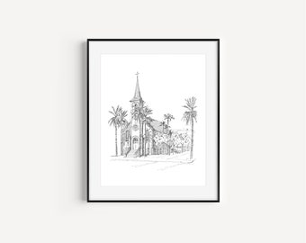 The Old Church at ASU Newman Center, Arizona State University, Tempe, Arizona, Plein Air, Pen and Ink Drawing Prints, Wedding Gift, Church