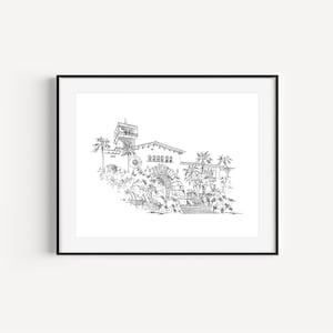 Santa Barbara Courthouse, California Prints, Sunken Gardens Downtown Santa Barbara, Venue Illustration, Pen and Ink Drawing, Wedding Gift