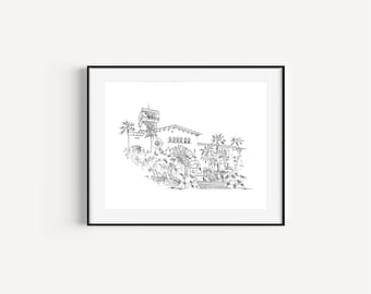 Santa Barbara Courthouse, California Prints, Sunken Gardens Downtown Santa Barbara, Venue Illustration, Pen and Ink Drawing, Wedding Gift