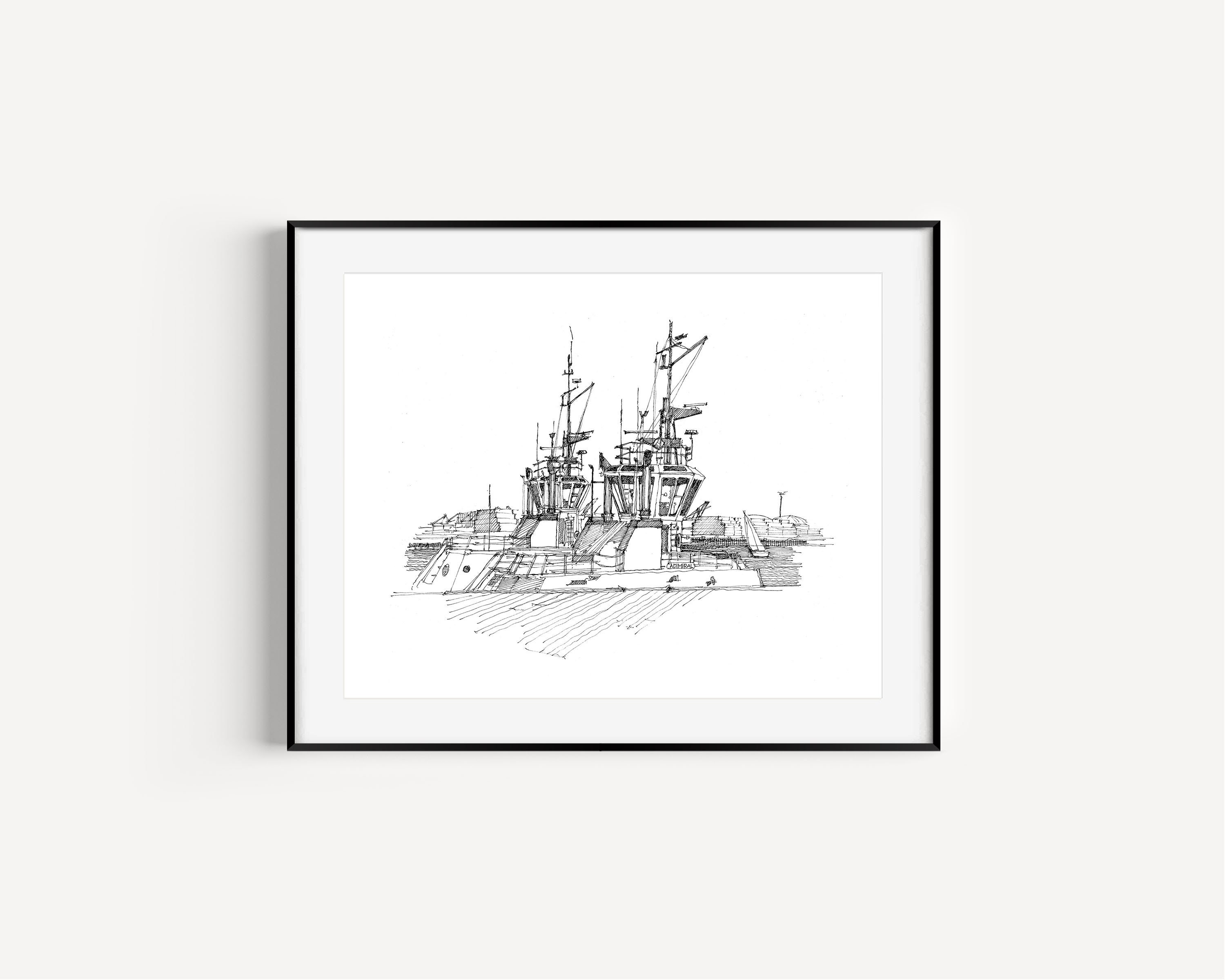San Pedro Fire Boats, San Pedro Harbor, California Plein Air, Pen and Ink Drawing, California Prints, LA Wall Decor, Los Angeles Gift Ideas