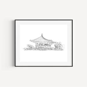 Korean Bell of Friendship, San Pedro, California Gifts, Los Angeles Landmarks, Plein Air Pen and Ink Drawing, Angel&#39;s Gate Park