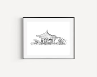 Korean Bell of Friendship, San Pedro, California Gifts, Los Angeles Landmarks, Plein Air Pen and Ink Drawing, Angel&#39;s Gate Park