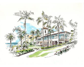 Bel-Air Bay Club Watercolor Print, Pacific Palisades, Fine Art Prints, Wedding Venue Illustration, Bridal Gift, Ink and Watercolor