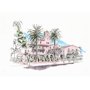 Impresión de acuarela del Hotel La Valencia, Prospect Street, recuerdos de La Jolla, viajes a California, regalos de boda, impresiones de California, arte de San Diego