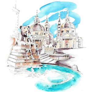 Piazza Picolo, Roma, Acquerello originale, Viaggio in Italia, Sketchbook Europa