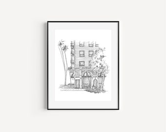 Beverly Wilshire Hotel, Beverly Hills Gifts, California Drawings, Los Angeles Travel, Pen & Ink Sketches, Plein Air Drawings, LA Wall Decor