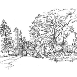 Wayfarers Chapel, Ranch Palos Verdes, California, Wedding Gifts, Church Drawngs, Plein Air Pen and Ink Drawing image 2