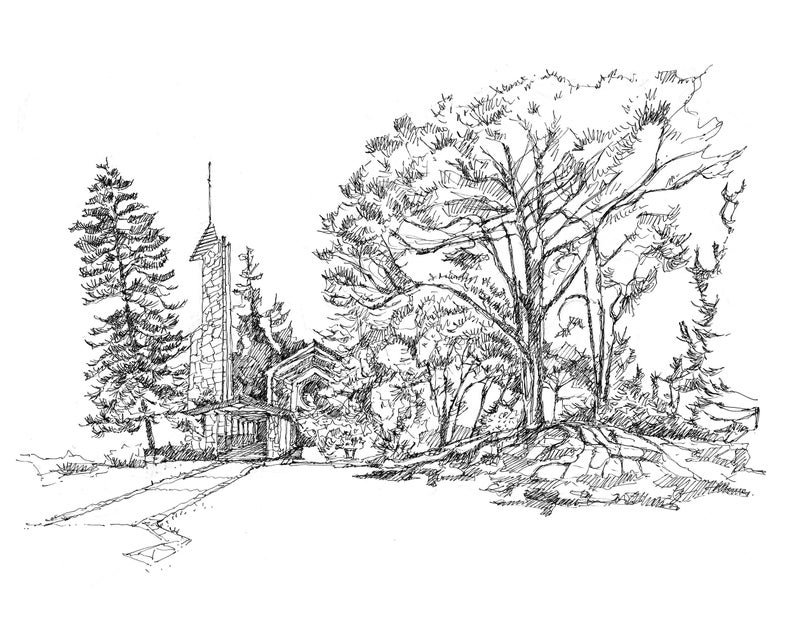 Wayfarers Chapel, Ranch Palos Verdes, California, Wedding Gifts, Church Drawngs, Plein Air Pen and Ink Drawing image 2