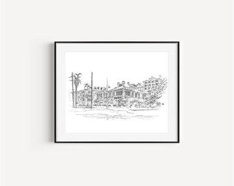 Shutters at the Beach, Santa Monica, California Travel, Plein Air Pen and Ink Drawing, Oceanfront Hotels, LA iconic hotels, Gift for Wedding