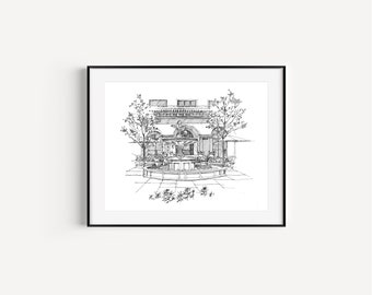 Patio at The Maybourne, Beverly Hills, California, Print of Pen and Ink Drawing, LA Gifts, Los Angeles Hotels