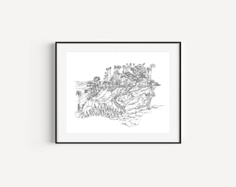 Santa Monica Bluffs, Palisades Park, California Prints, Los Angeles Travel Art, Pen and Ink Drawing