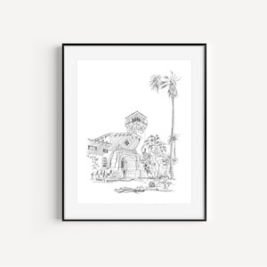 Santa Barbara Courthouse Wedding Gift, California Plein Air Drawing, Venue Illustration, Travel Sketch, Ink Drawing, Historic Building