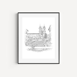 Spanish Steps Rome Drawing, Travel Sketch, Gifts from Italy, Architectural drawing, Plein Air Pen and Ink, Rome Landmarks, Rome Souvenir