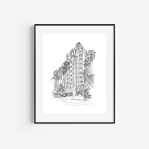 Sunset Tower, West Hollywood, Gifts from Hollywood, Iconic Los Angeles, California Travel, Pen and Ink Drawing