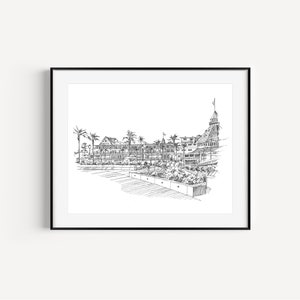 Hotel del Coronado, California Prints, Wedding Gift Ideas, Pen and Ink Drawing, San Diego Art