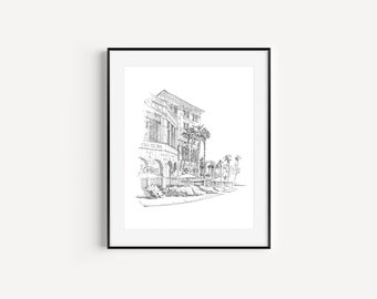 Casa Del Mar, Regalos de Santa Mónica, Vacaciones en California, Hoteles en Los Ángeles, California, Decoración de paredes, Dibujo con pluma y tinta