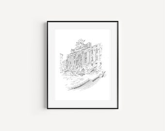 Trevi Fountain, Rome, Italy, Travel Drawing, Gifts from Italy, Pen and Ink Drawing, Italy Vacation, Rome Wall Decor and Europe Sketchbook