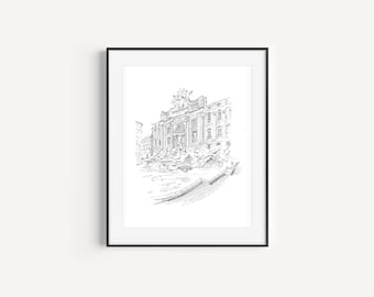 May include: Black and white line drawing of the Trevi Fountain in Rome, Italy. The fountain is depicted in a simple, minimalist style, with the water cascading down the front of the structure.