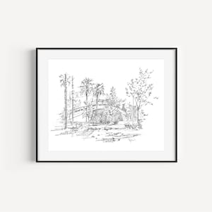 Puede incluir: Dibujo en blanco y negro de una casa con palmeras delante.