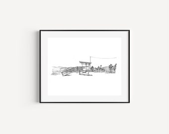 Lifeguard Tower, Venice Beach, California Art Gifts, Plein Air Pen and Ink Drawing