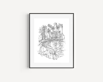 Palisade Park, Santa Monica Bluffs, Santa Monica Drawings, California Prints, Los Angeles Travel GIfts, Plein Air Pen and Ink Drawing