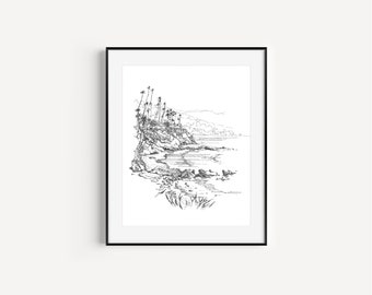 Laguna Beach Coastline, California Travel Gifts, California Art Prints, Beach Drawings, Plein Air Pen and Ink Drawing, Wedding GIfts