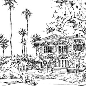 Shutters at the Beach, Santa Monica, California Travel, Plein Air Pen and Ink Drawing, Oceanfront Hotels, LA icónico hoteles, Gift for Wedding imagen 3