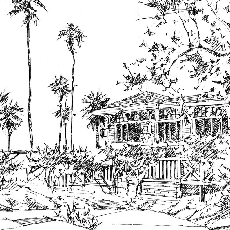 Shutters at the Beach, Santa Monica, California Travel, Plein Air Pen and Ink Drawing, Oceanfront Hotels, LA icónico hoteles, Gift for Wedding imagen 3