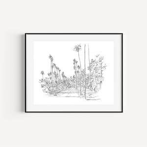 Palm Tree Lined Hollywood Boulevard, Los Angeles, Plein Air Pen and Ink Drawing, LA Art Prints, Los Angeles Wall Decor