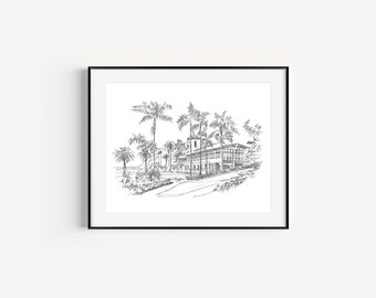 Bel-Air Bay Club, Pacific Palisades, Bocetos de California Plein Air, Ilustración del lugar de la boda, Regalo nupcial, Dibujo con pluma y tinta