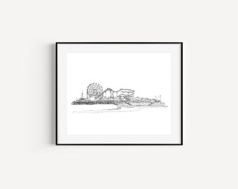 El muelle de Santa Mónica, lugares emblemáticos de Los Ángeles, regalos de Los Ángeles, grabados de Los Ángeles, decoración de paredes de California, dibujo con pluma y tinta Plein Air