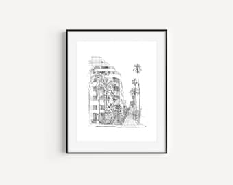 Hotel Shangri-La, Santa Mónica, California, Viajes, Hoteles, Impresiones de Los Ángeles, Dibujo con pluma y tinta Plein Air