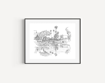 Venice Beach Canals, California Gifts, Iconic Los Angeles, California Prints, Plein Air Pen and Ink Drawing
