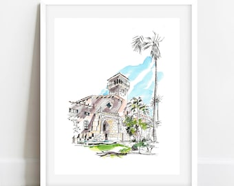 Santa Barbara County Courthouse, Original Watercolor, Pen and Ink, Santa Barbara, California Gifts