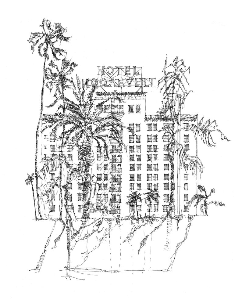 Hollywood Roosevelt Hotel Print, Los Angeles Landmark Pen and Ink Art ...