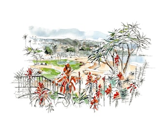 Original Watercolor of Laguna Beach, Heisler Park, California, Travel Memories, California Art Gift, Coastal Painting, Pen and Watercolor