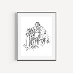 Sunset Tower, West Hollywood, California Hotels, Los Angeles Prints, Art Deco Architecture, Pen and Ink Drawing, Venue Illustrations