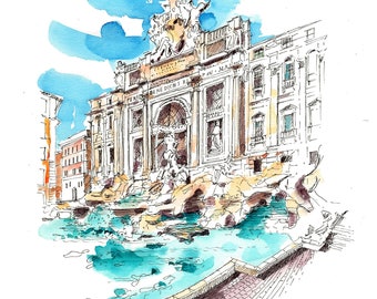 Trevi Fountain, Rome, Original Watercolor, Italy Travel, Europe Sketchbook