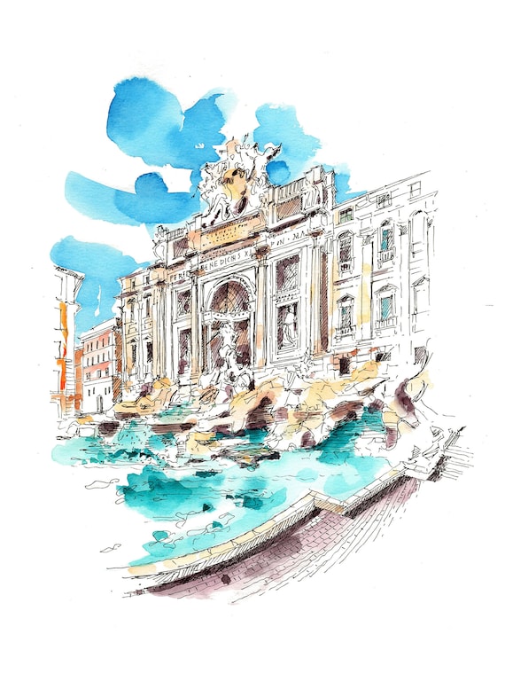 トレビの泉 オリジナル水彩画 - ローマ、イタリアの絵画 - Etsy 日本