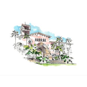 Santa Barbara Courthouse Watercolor Print, California Art, Sunken Gardens, Anniversary Gift, Venue Illustration, Pen and Ink, Wedding Gift