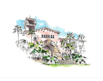 Acuarela del juzgado de Santa Bárbara, paisajes de California, ilustración de lugar para bodas