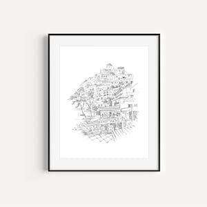 Positano, Costa Amalfitana, Italia, Dibujo de viaje, Regalos de Italia, Dibujo con pluma y tinta, Vacaciones en Italia