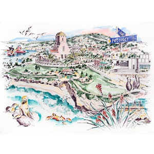 La Jolla By the Sea Watercolor Montage, stampa artistica in edizione limitata, viaggi a La Jolla, California, arte a San Diego, regali a La Jolla Village
