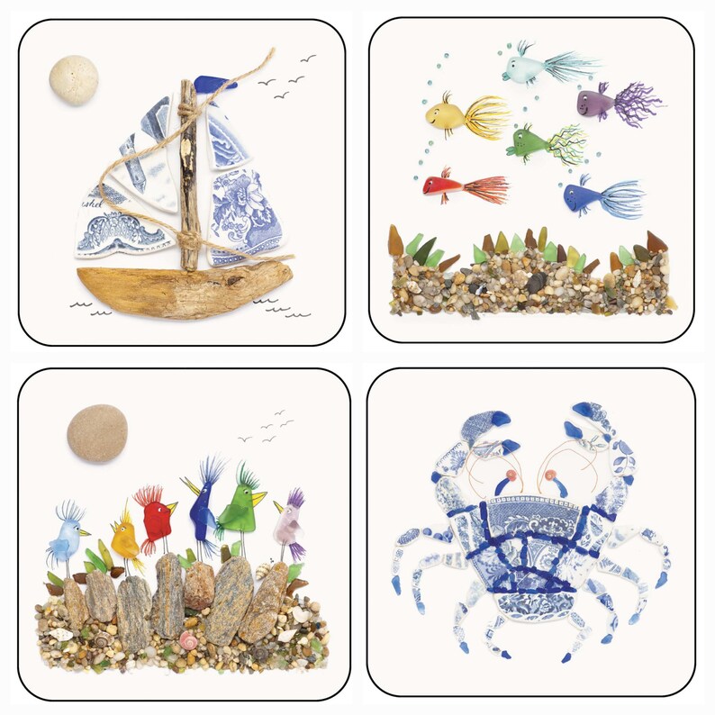 May include: Four square coasters with beach-themed designs. One coaster features a sailboat made of driftwood and blue and white china. Another shows colorful fish above a bed of pebbles. The third depicts birds, and the last a crab.